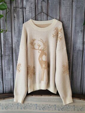Cream Knit Reindeer Snowflake Christmas Holiday Sweater Large Oversized